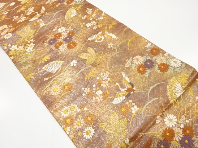 佐賀錦　鶴に松竹梅・菊・桧扇模様織り出し　袋帯